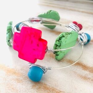 Trio of Bangle Bracelets! Howlite stone - gemstone - wood - silver bangle - plus